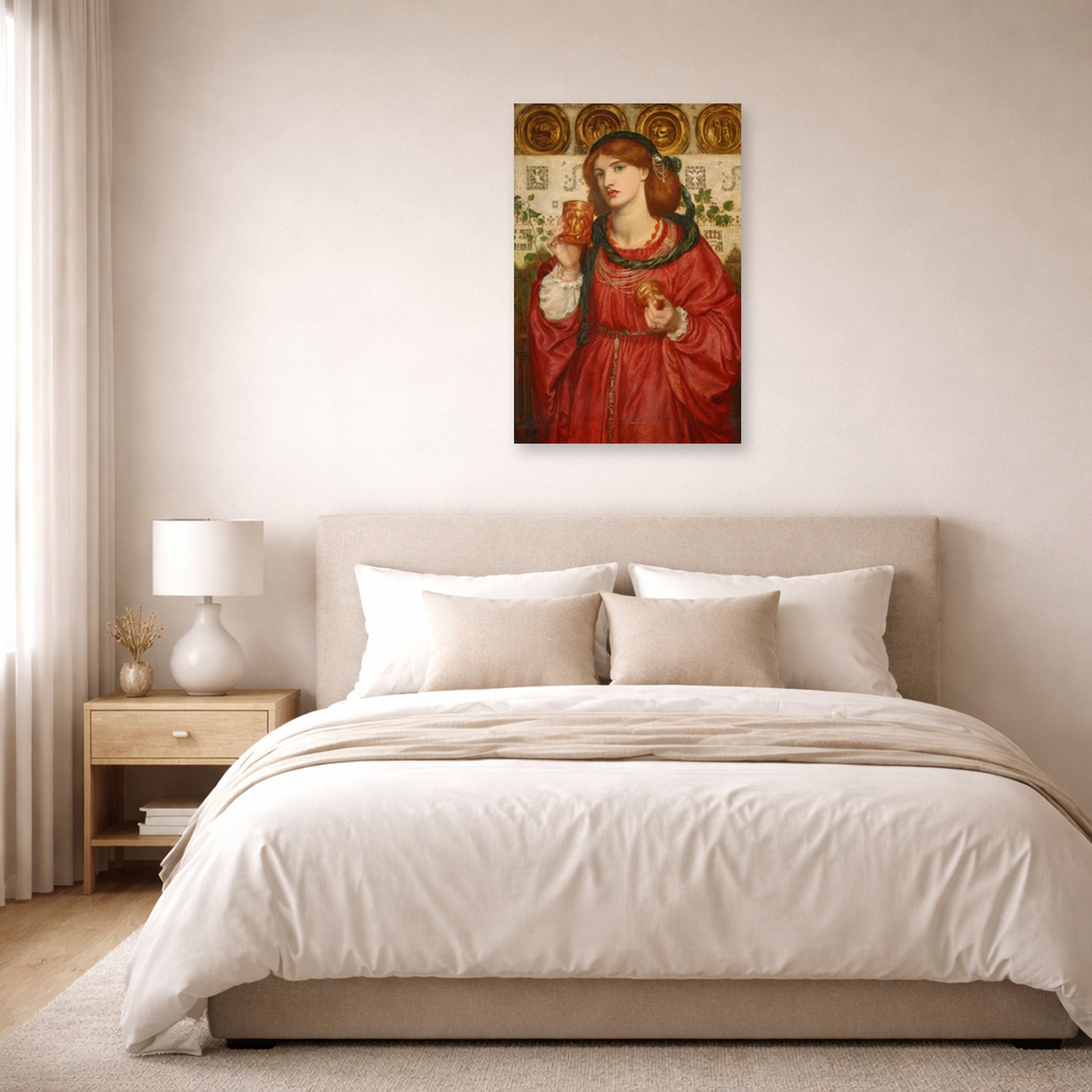 Unframed poster print of Dante Gabriel Rossetti's The Loving Cup displayed on a wall in a bedroom