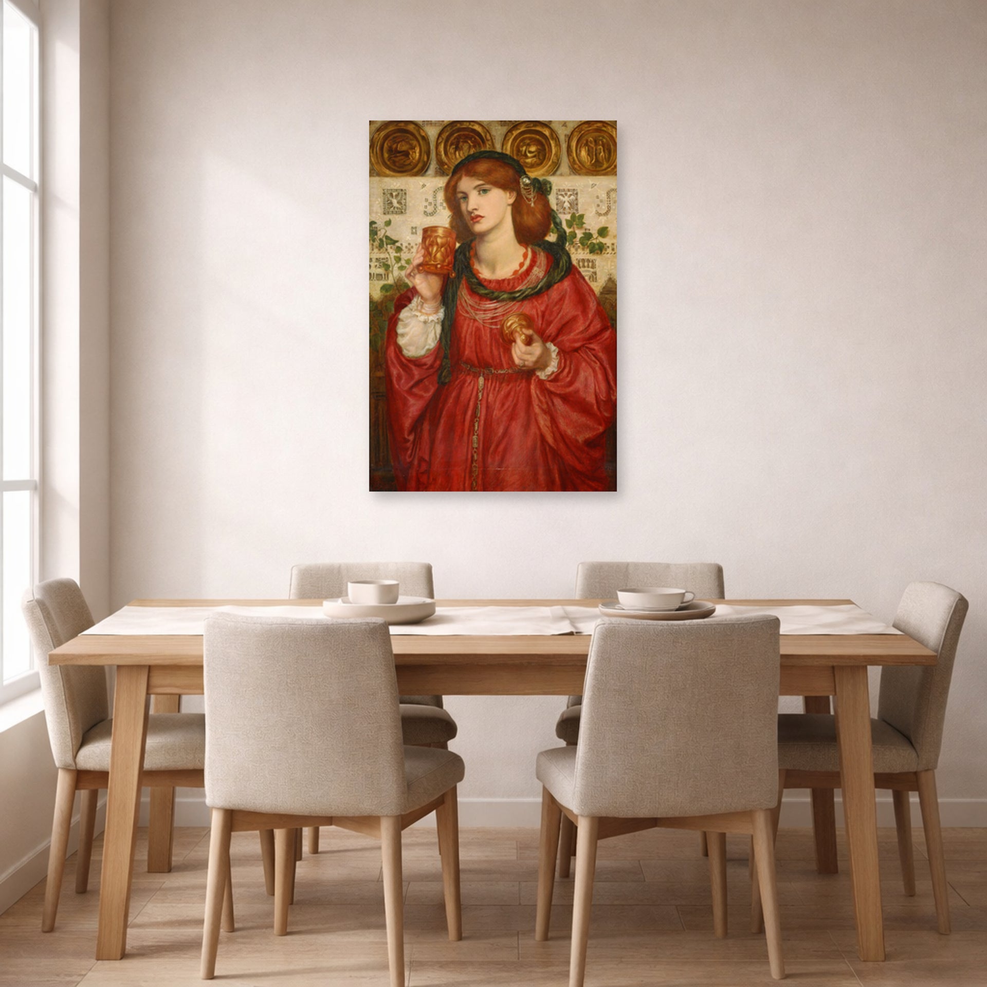 Unframed poster print of Dante Gabriel Rossetti's The Loving Cup displayed on a wall in a dining room