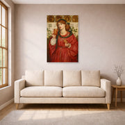 Unframed poster print of Dante Gabriel Rossetti's The Loving Cup displayed on a wall in a living room