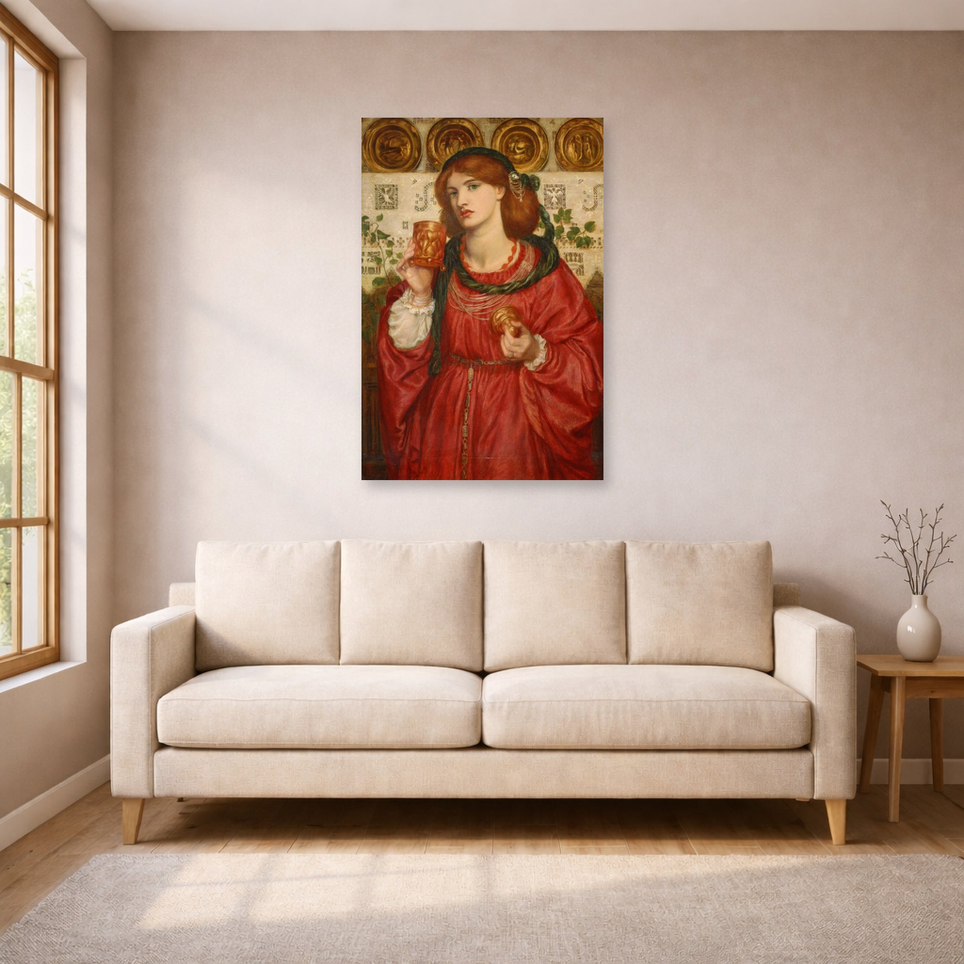 Unframed poster print of Dante Gabriel Rossetti's The Loving Cup displayed on a wall in a living room