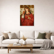 Unframed poster print of Dante Gabriel Rossetti's The Loving Cup displayed on a wall in a living room