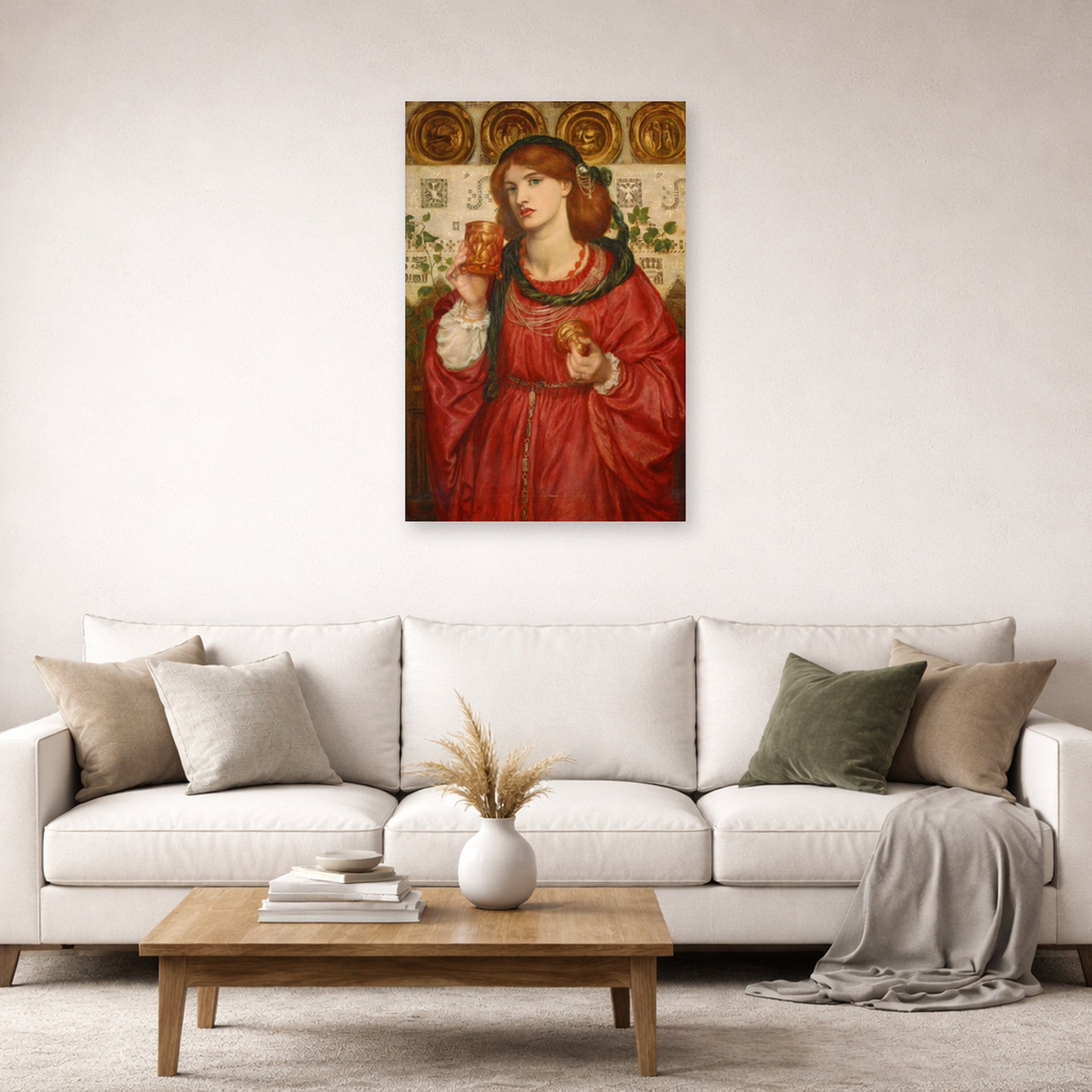 Unframed poster print of Dante Gabriel Rossetti's The Loving Cup displayed on a wall in a living room