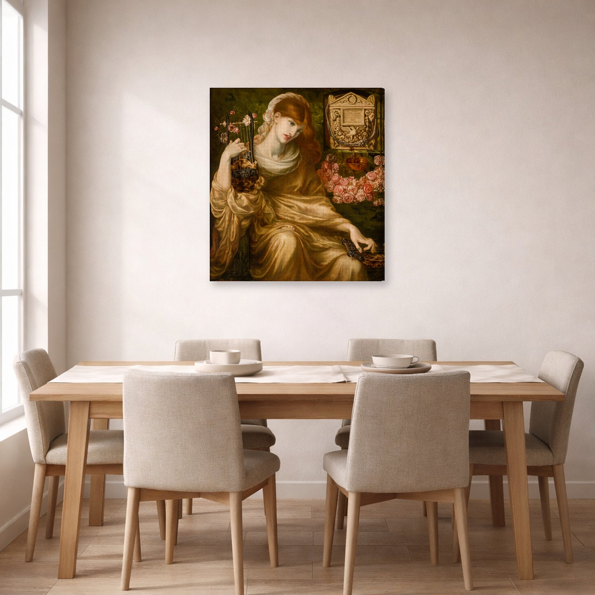 Gallery-wrapped canvas print of Dante Gabriel Rossetti's The Roman Widow displayed on a wall in a dining room