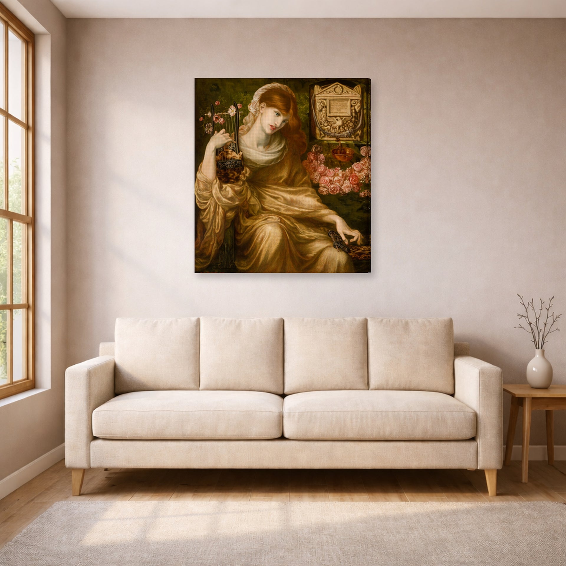 Gallery-wrapped canvas print of Dante Gabriel Rossetti's The Roman Widow displayed on a wall in a living room