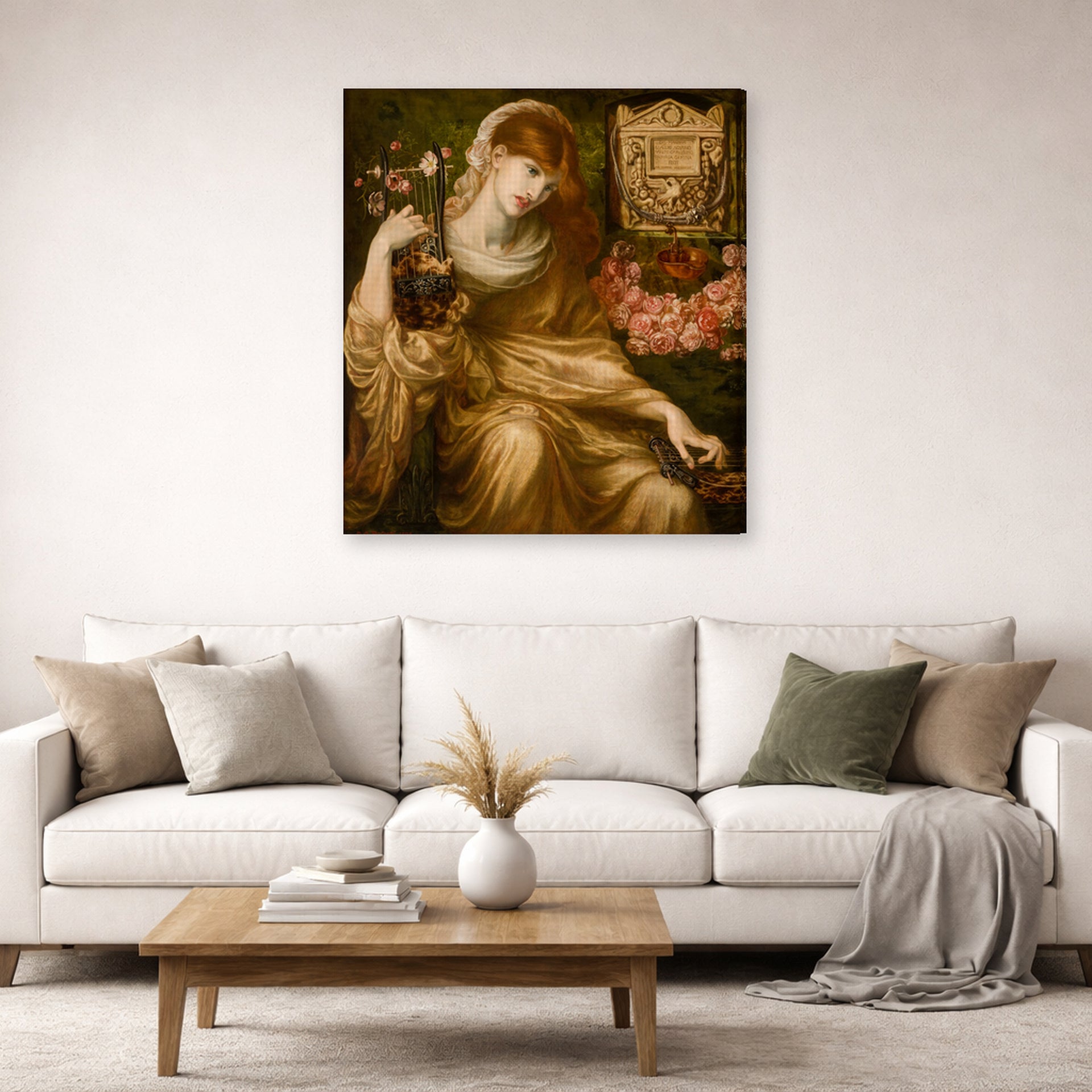 Gallery-wrapped canvas print of Dante Gabriel Rossetti's The Roman Widow displayed on a wall in a living room