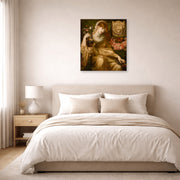 Unframed poster print of Dante Gabriel Rossetti's The Roman Widow displayed on a wall in a bedroom