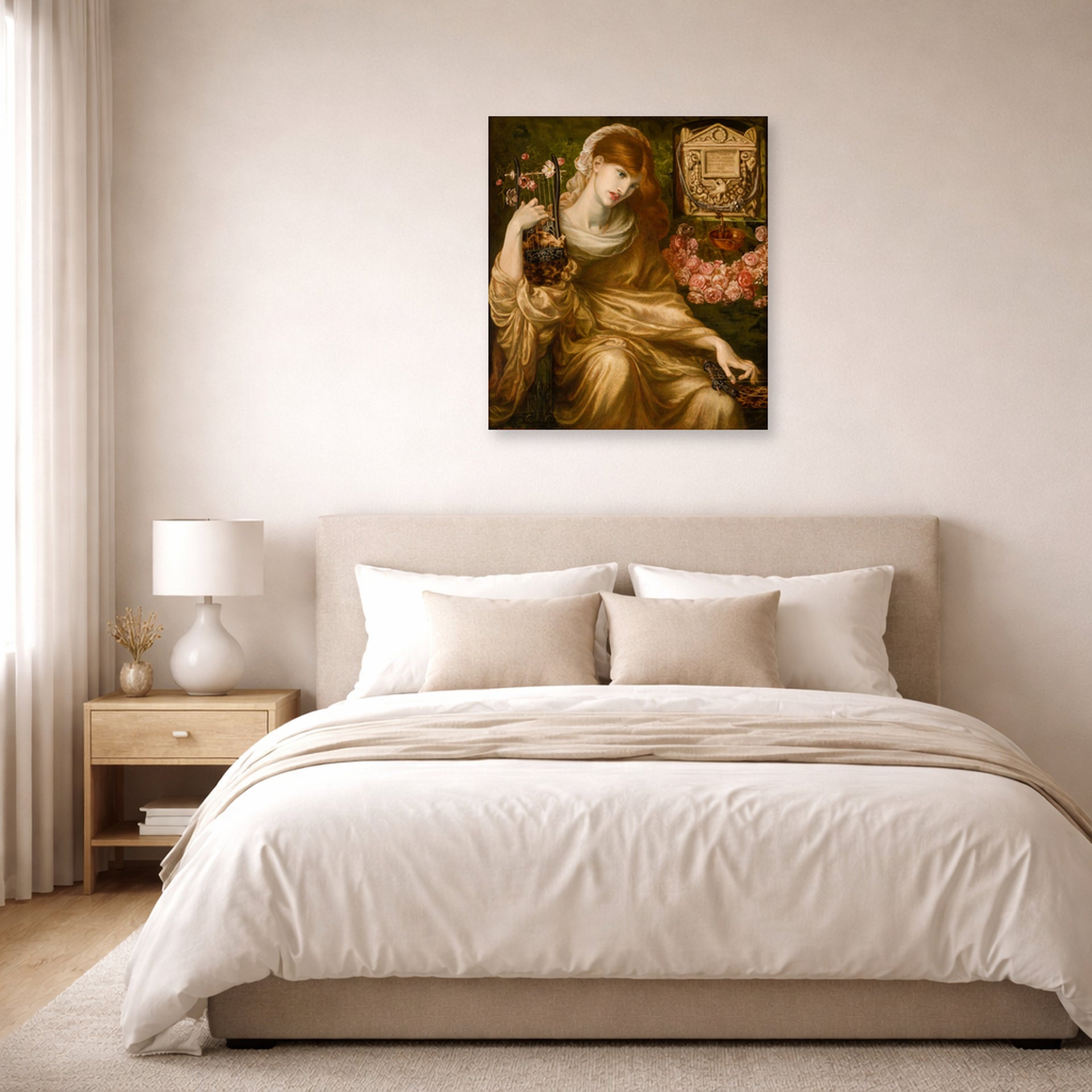 Unframed poster print of Dante Gabriel Rossetti's The Roman Widow displayed on a wall in a bedroom