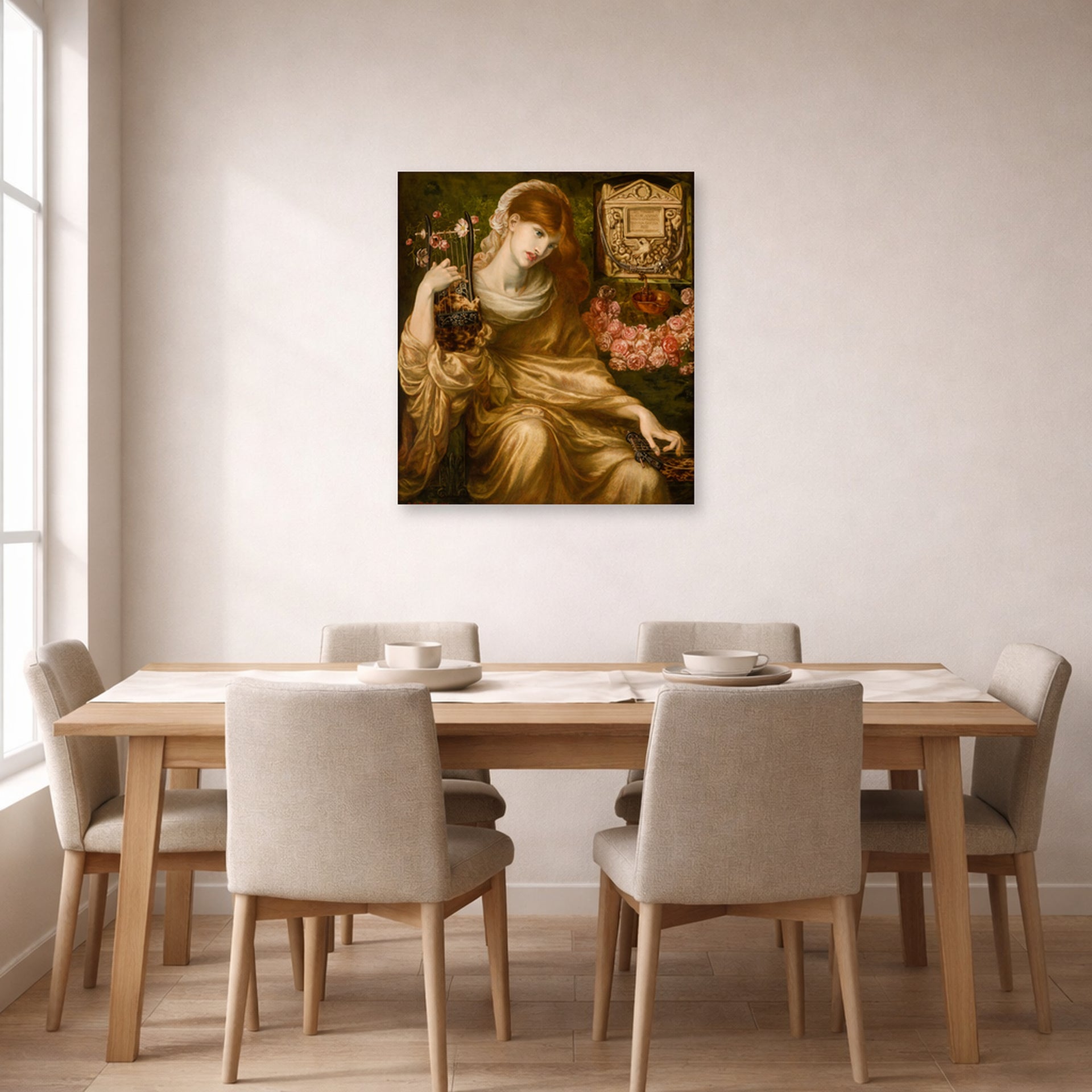 Unframed poster print of Dante Gabriel Rossetti's The Roman Widow displayed on a wall in a dining room