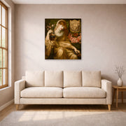 Unframed poster print of Dante Gabriel Rossetti's The Roman Widow displayed on a wall in a living room