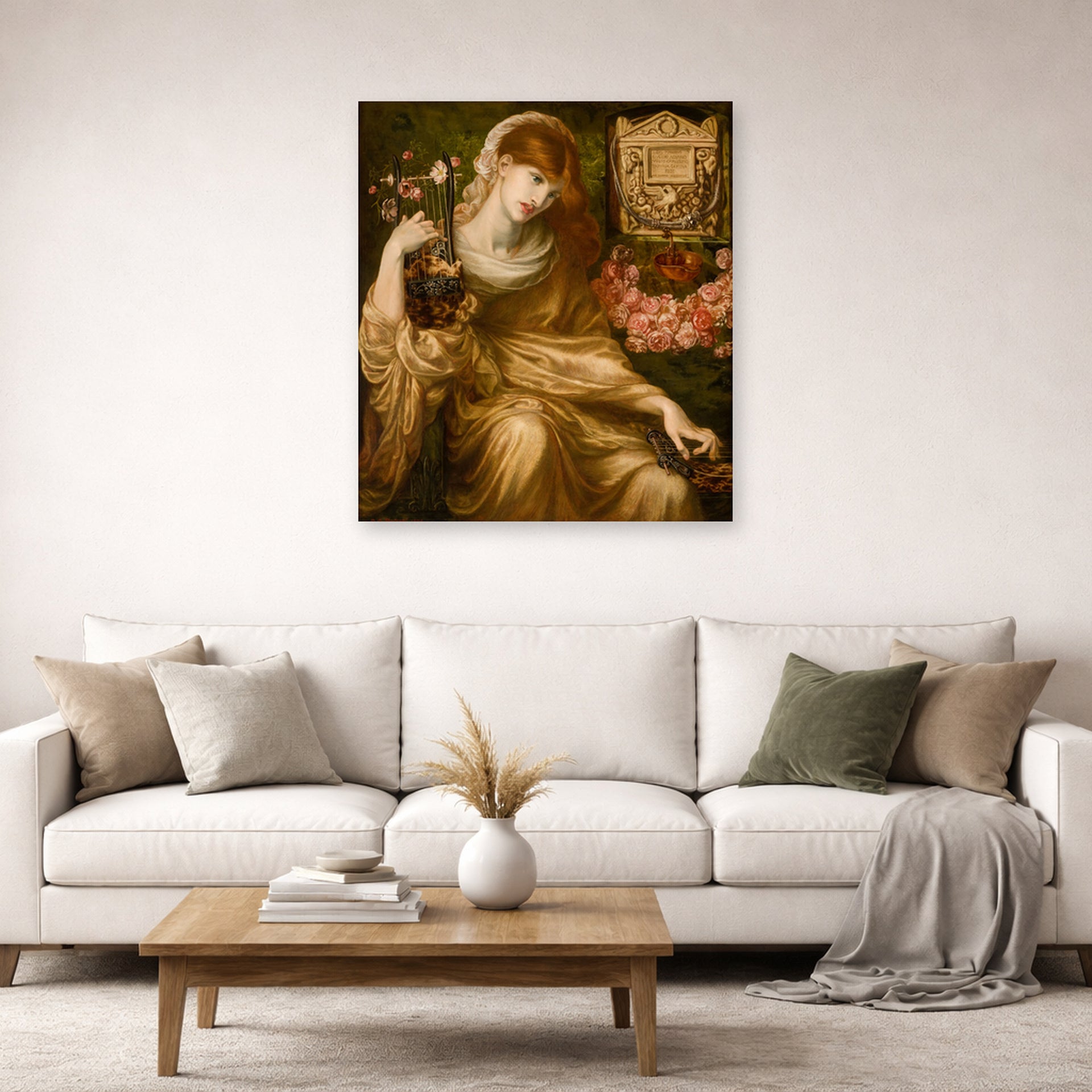 Unframed poster print of Dante Gabriel Rossetti's The Roman Widow displayed on a wall in a living room