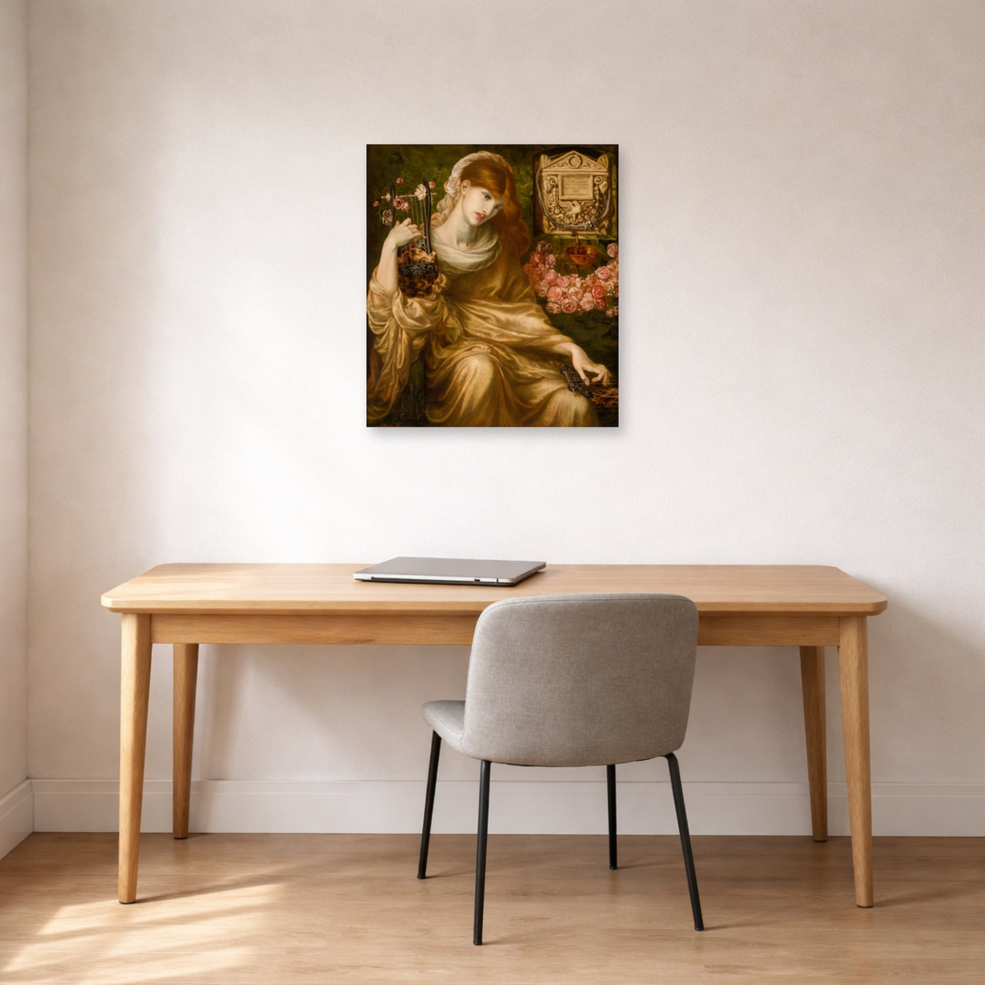 Unframed poster print of Dante Gabriel Rossetti's The Roman Widow displayed on a wall in a office