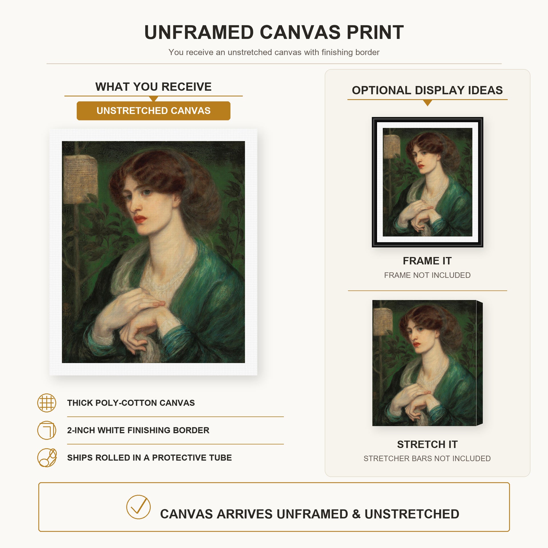 Dante Gabriel Rossetti - The Salutation of Beatrice canvas print size comparison and framing display infographic