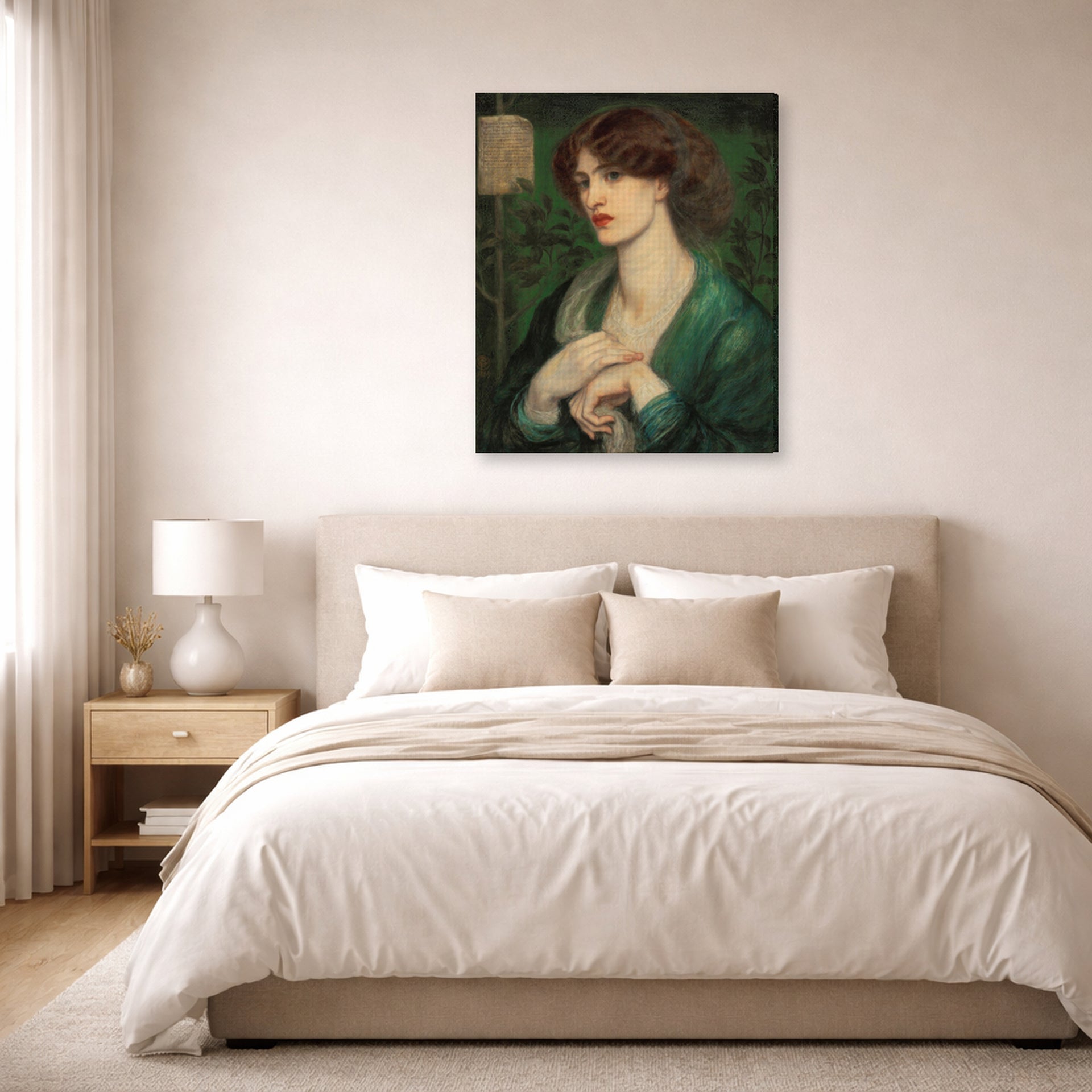 Gallery-wrapped canvas print of Dante Gabriel Rossetti's The Salutation of Beatrice displayed on a wall in a bedroom