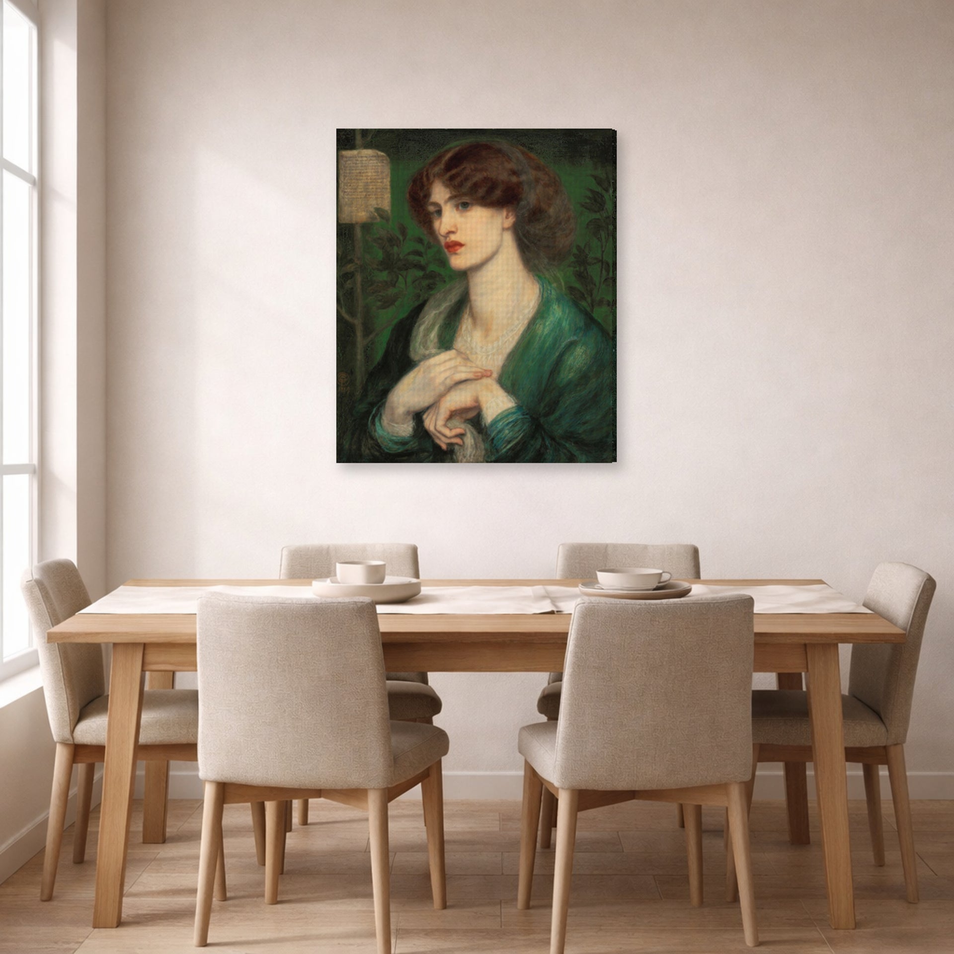 Gallery-wrapped canvas print of Dante Gabriel Rossetti's The Salutation of Beatrice displayed on a wall in a dining room