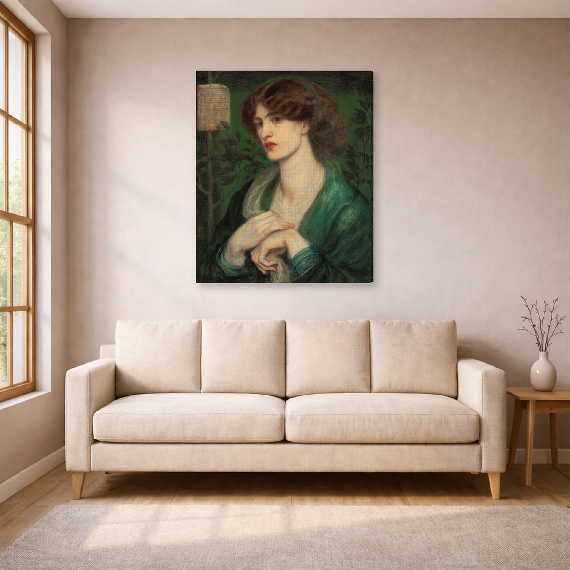 Gallery-wrapped canvas print of Dante Gabriel Rossetti's The Salutation of Beatrice displayed on a wall in a living room