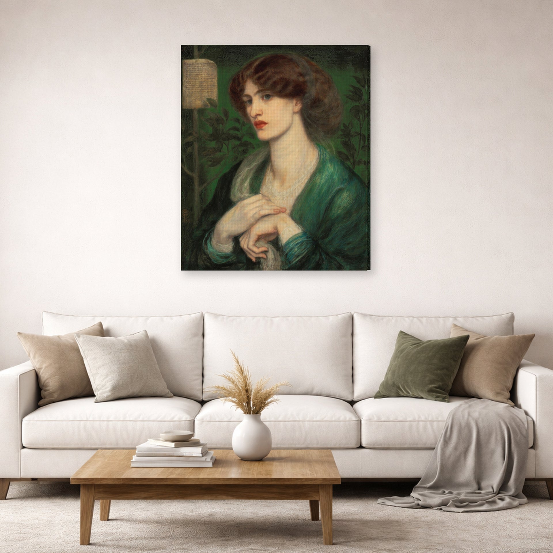 Gallery-wrapped canvas print of Dante Gabriel Rossetti's The Salutation of Beatrice displayed on a wall in a living room
