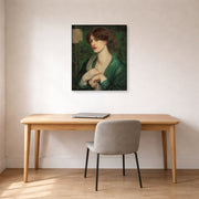 Gallery-wrapped canvas print of Dante Gabriel Rossetti's The Salutation of Beatrice displayed on a wall in a office