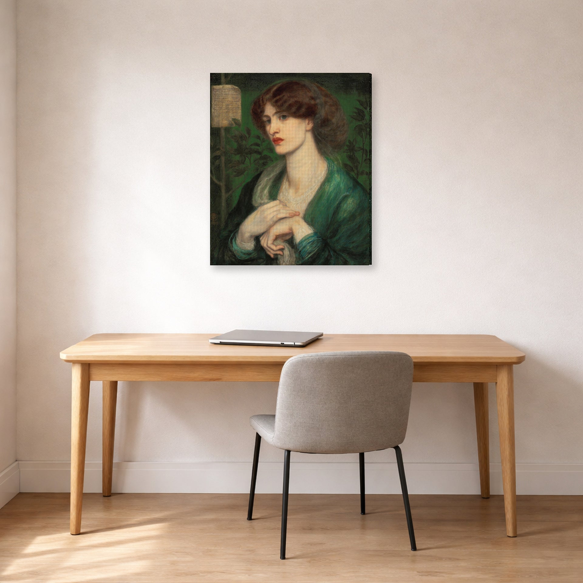 Gallery-wrapped canvas print of Dante Gabriel Rossetti's The Salutation of Beatrice displayed on a wall in a office