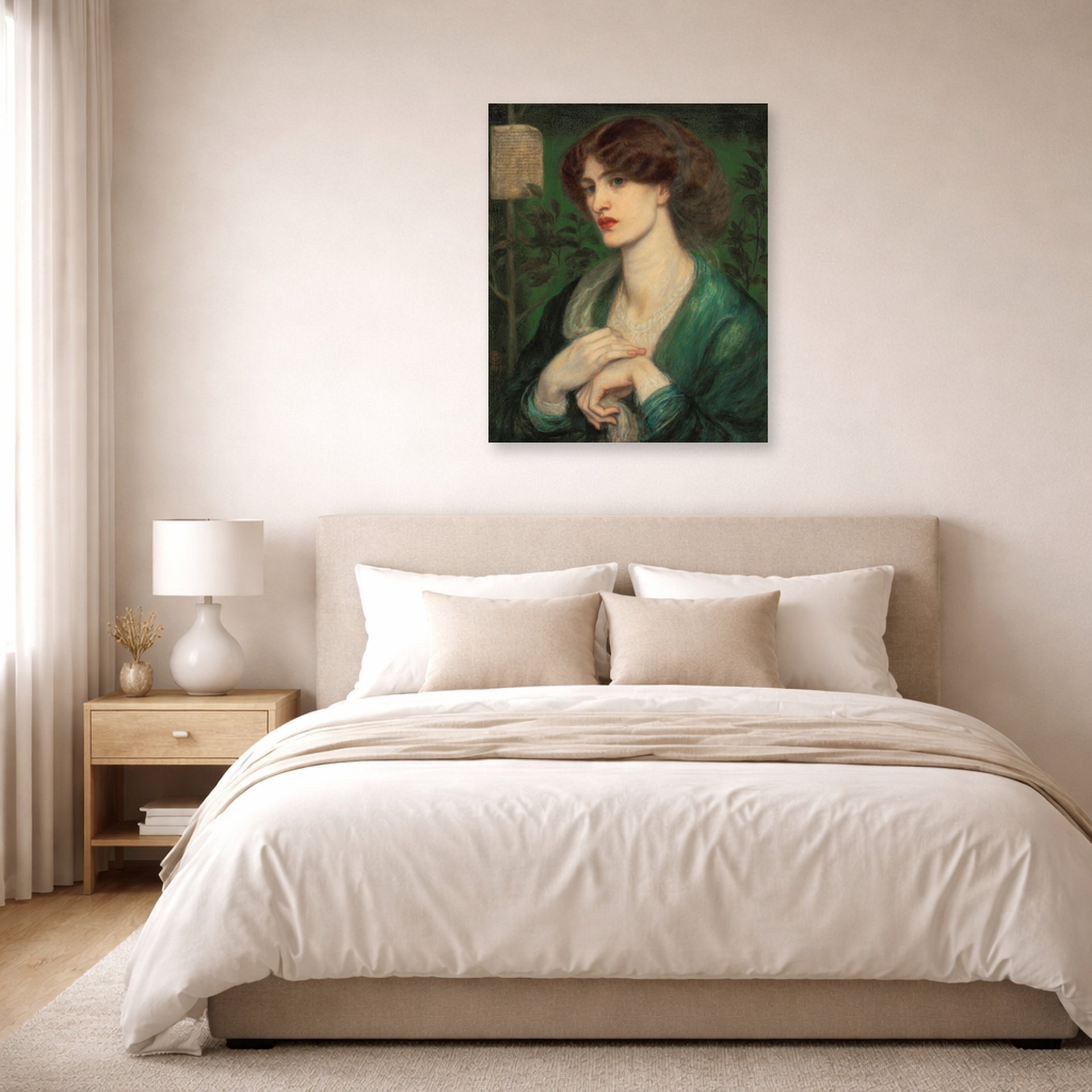 Unframed poster print of Dante Gabriel Rossetti's The Salutation of Beatrice displayed on a wall in a bedroom