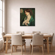 Unframed poster print of Dante Gabriel Rossetti's The Salutation of Beatrice displayed on a wall in a dining room