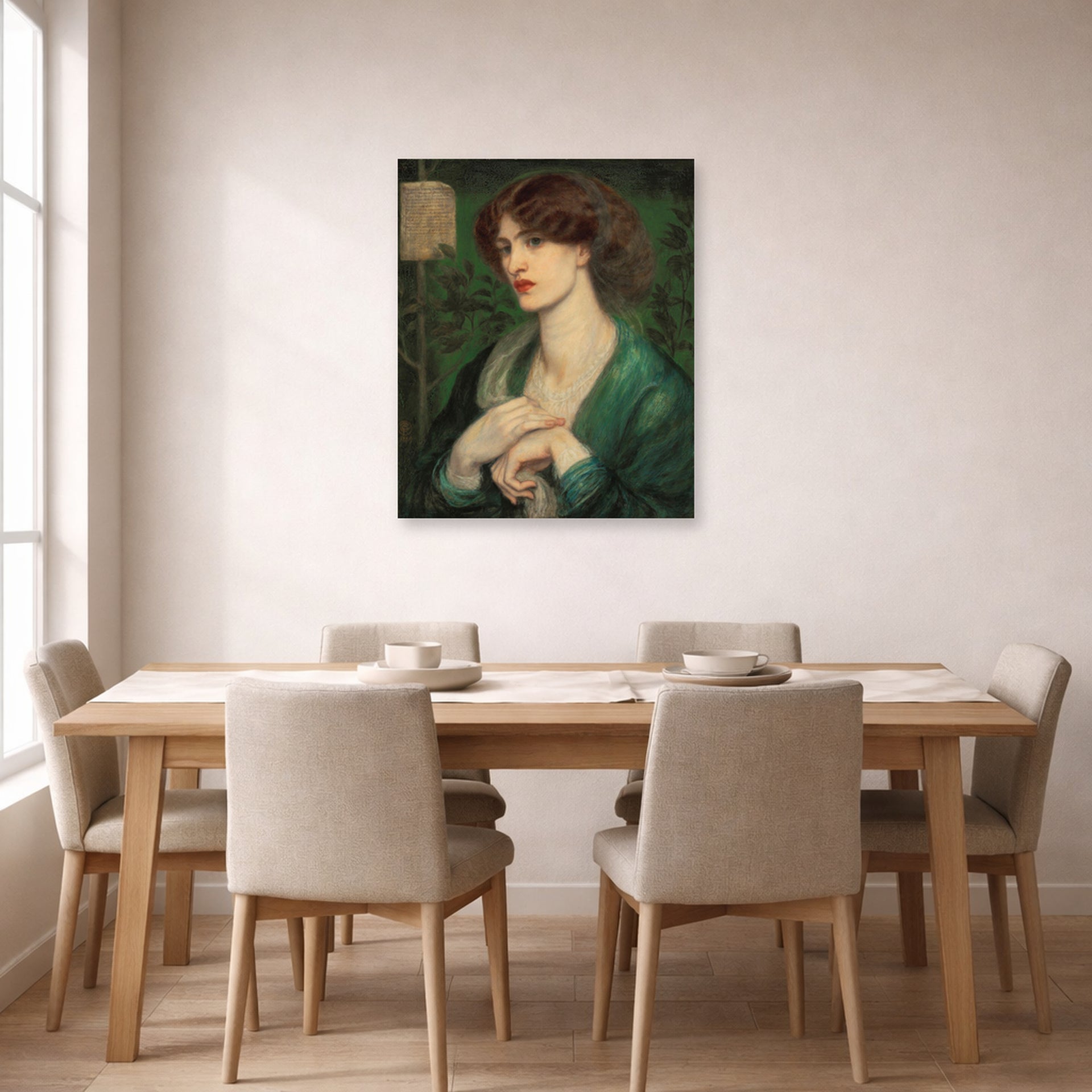 Unframed poster print of Dante Gabriel Rossetti's The Salutation of Beatrice displayed on a wall in a dining room