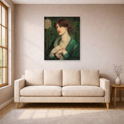 Unframed poster print of Dante Gabriel Rossetti's The Salutation of Beatrice displayed on a wall in a living room