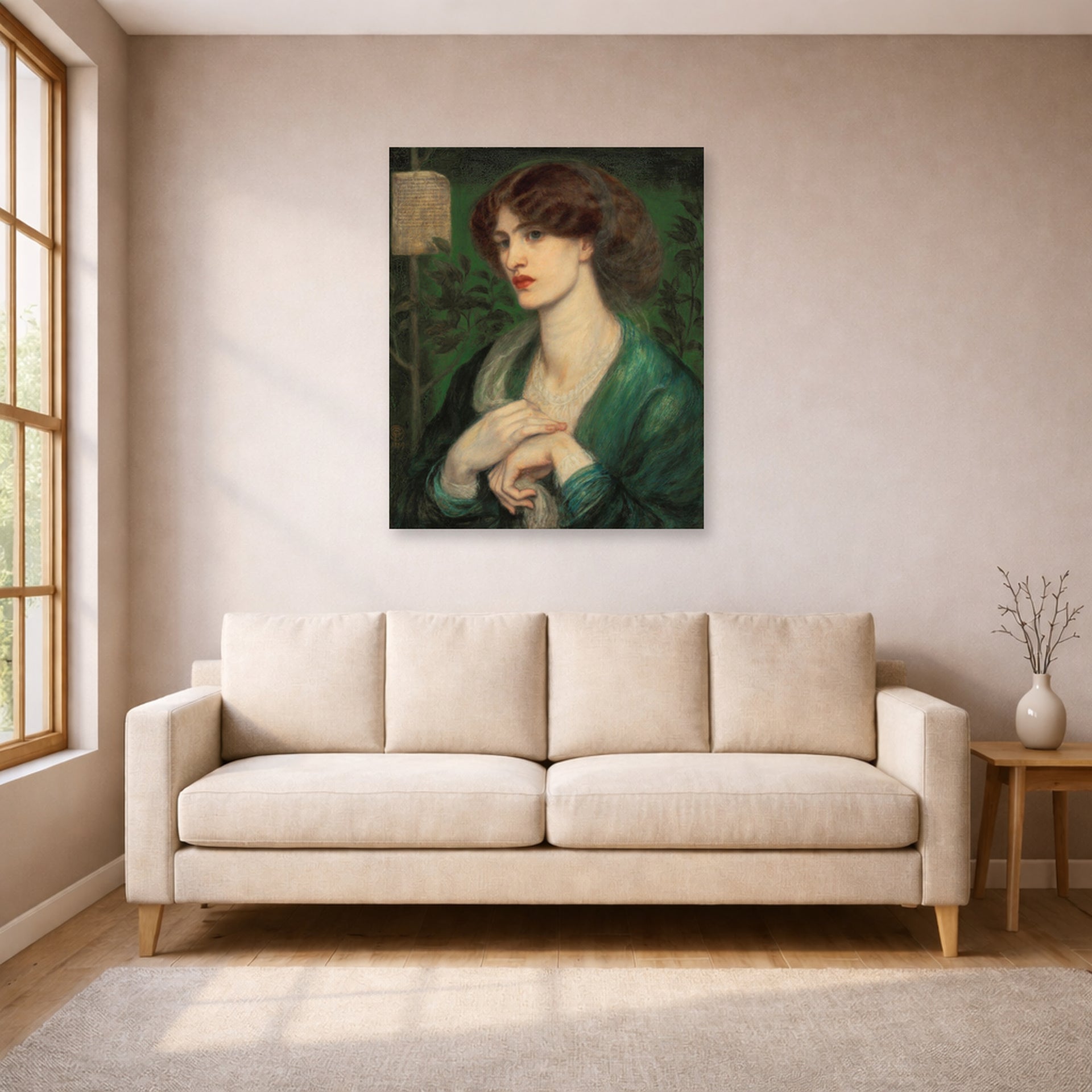 Unframed poster print of Dante Gabriel Rossetti's The Salutation of Beatrice displayed on a wall in a living room
