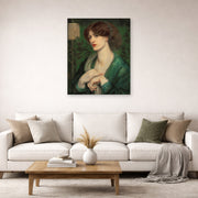 Unframed poster print of Dante Gabriel Rossetti's The Salutation of Beatrice displayed on a wall in a living room