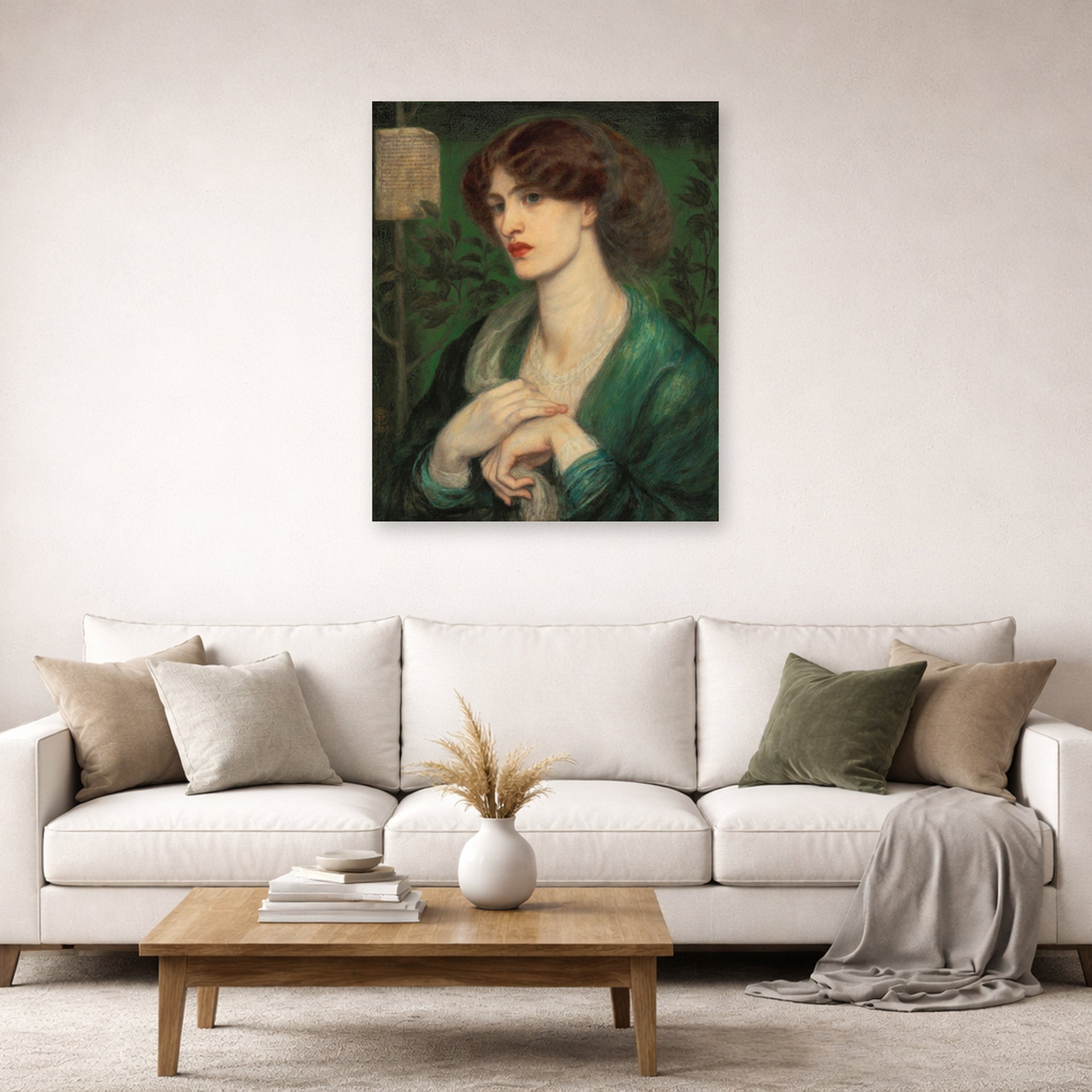 Unframed poster print of Dante Gabriel Rossetti's The Salutation of Beatrice displayed on a wall in a living room