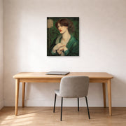 Unframed poster print of Dante Gabriel Rossetti's The Salutation of Beatrice displayed on a wall in a office