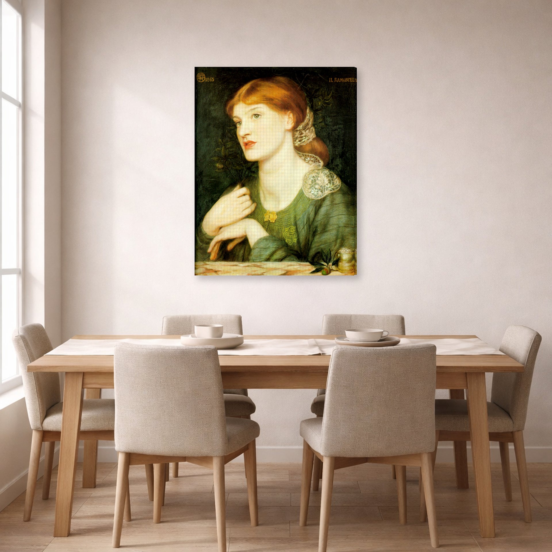 Gallery-wrapped canvas print of Dante Gabriel Rossetti's The Twig displayed on a wall in a dining room