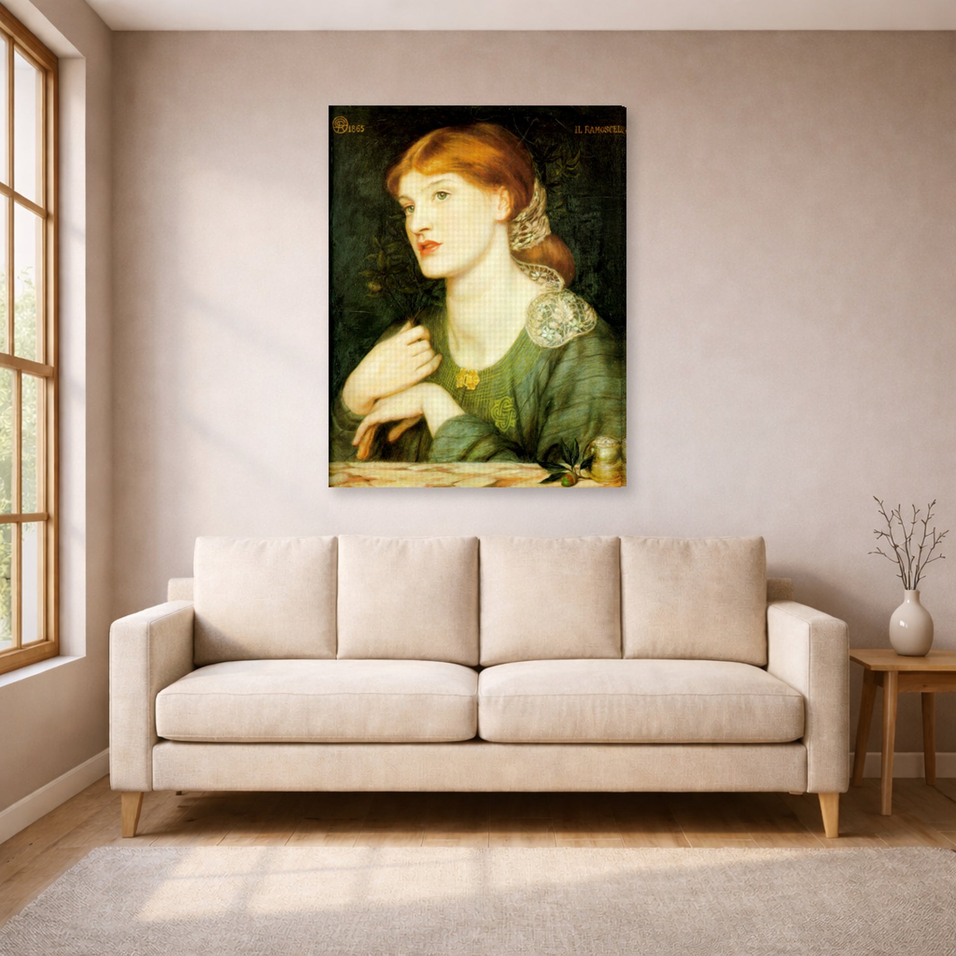 Gallery-wrapped canvas print of Dante Gabriel Rossetti's The Twig displayed on a wall in a living room