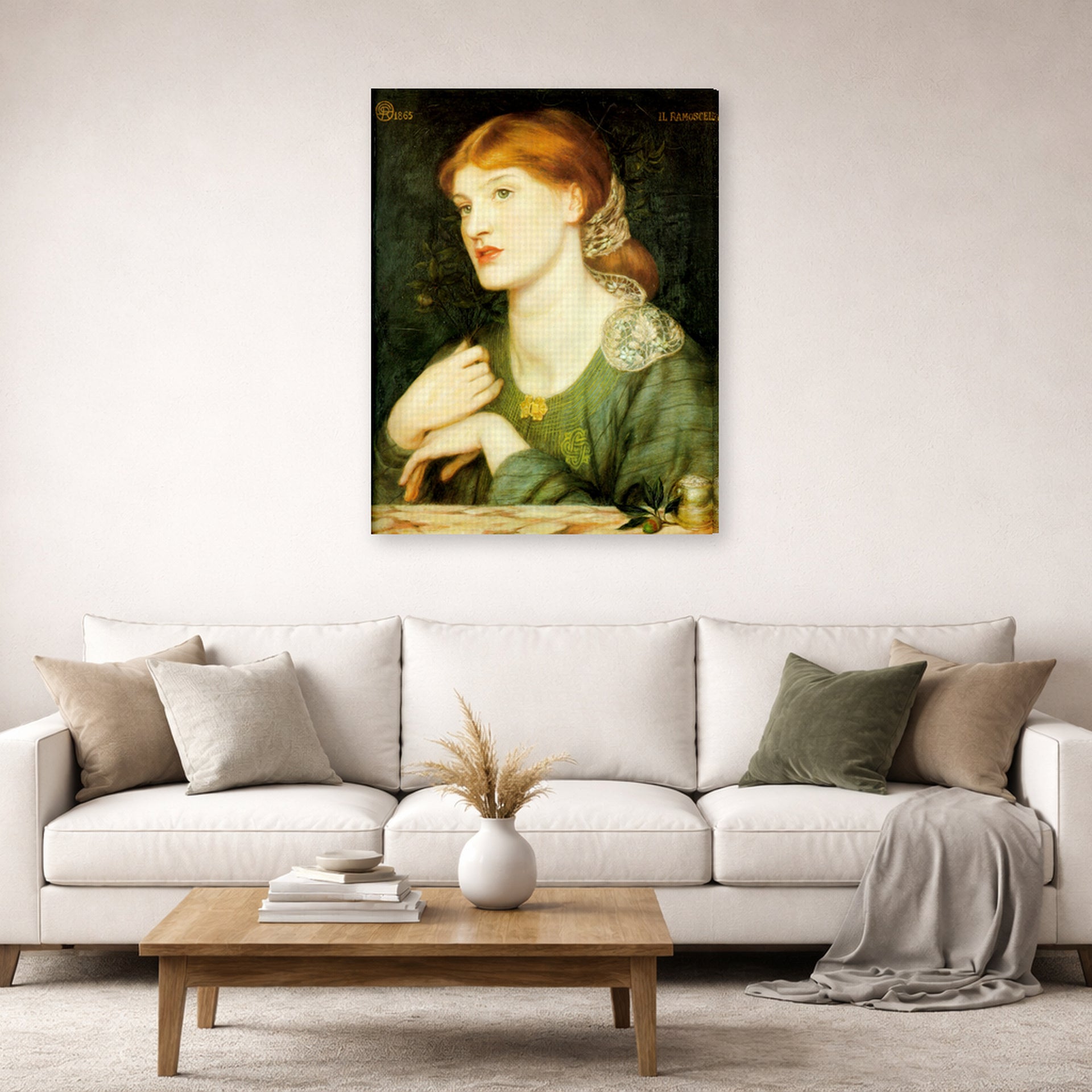 Gallery-wrapped canvas print of Dante Gabriel Rossetti's The Twig displayed on a wall in a living room