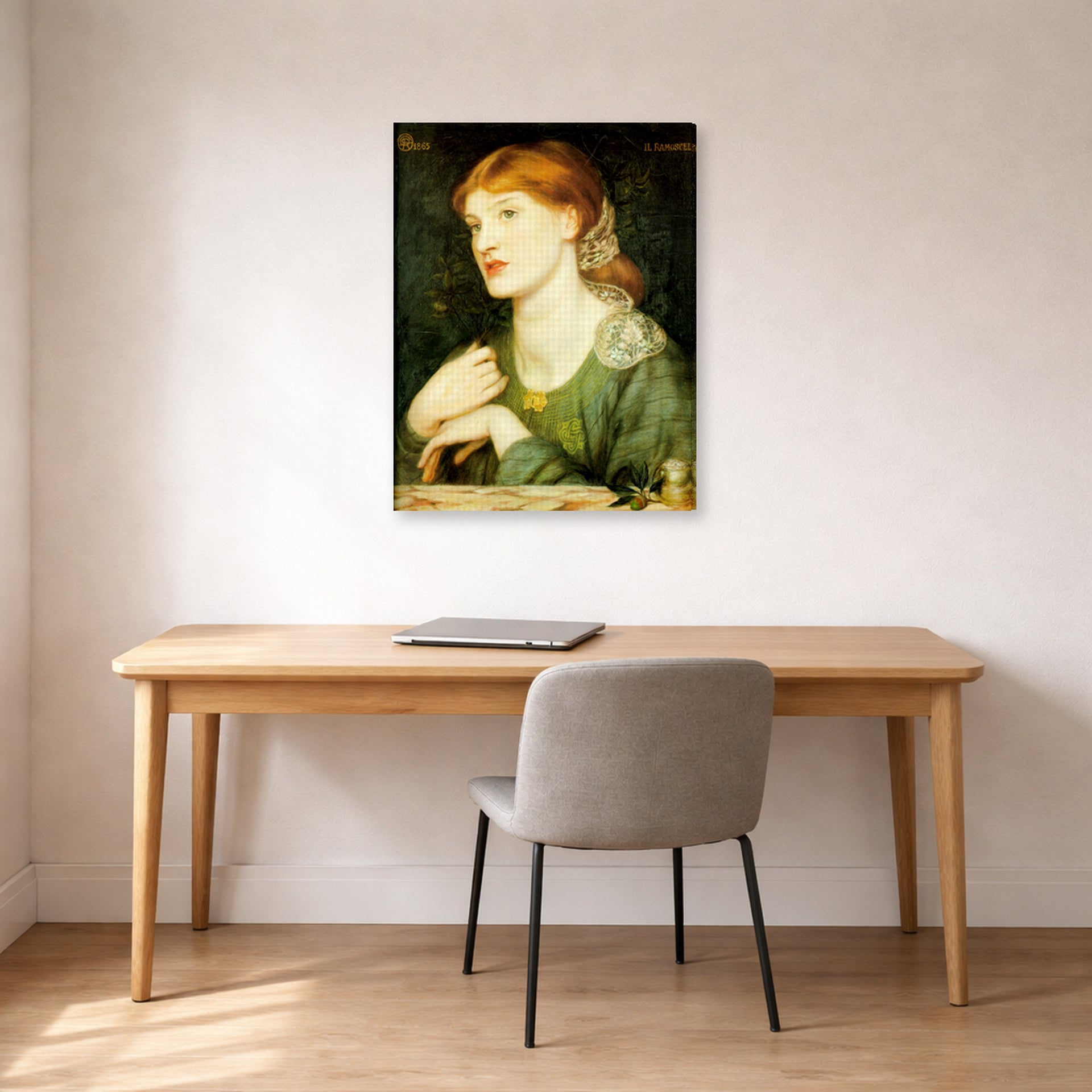 Gallery-wrapped canvas print of Dante Gabriel Rossetti's The Twig displayed on a wall in a office