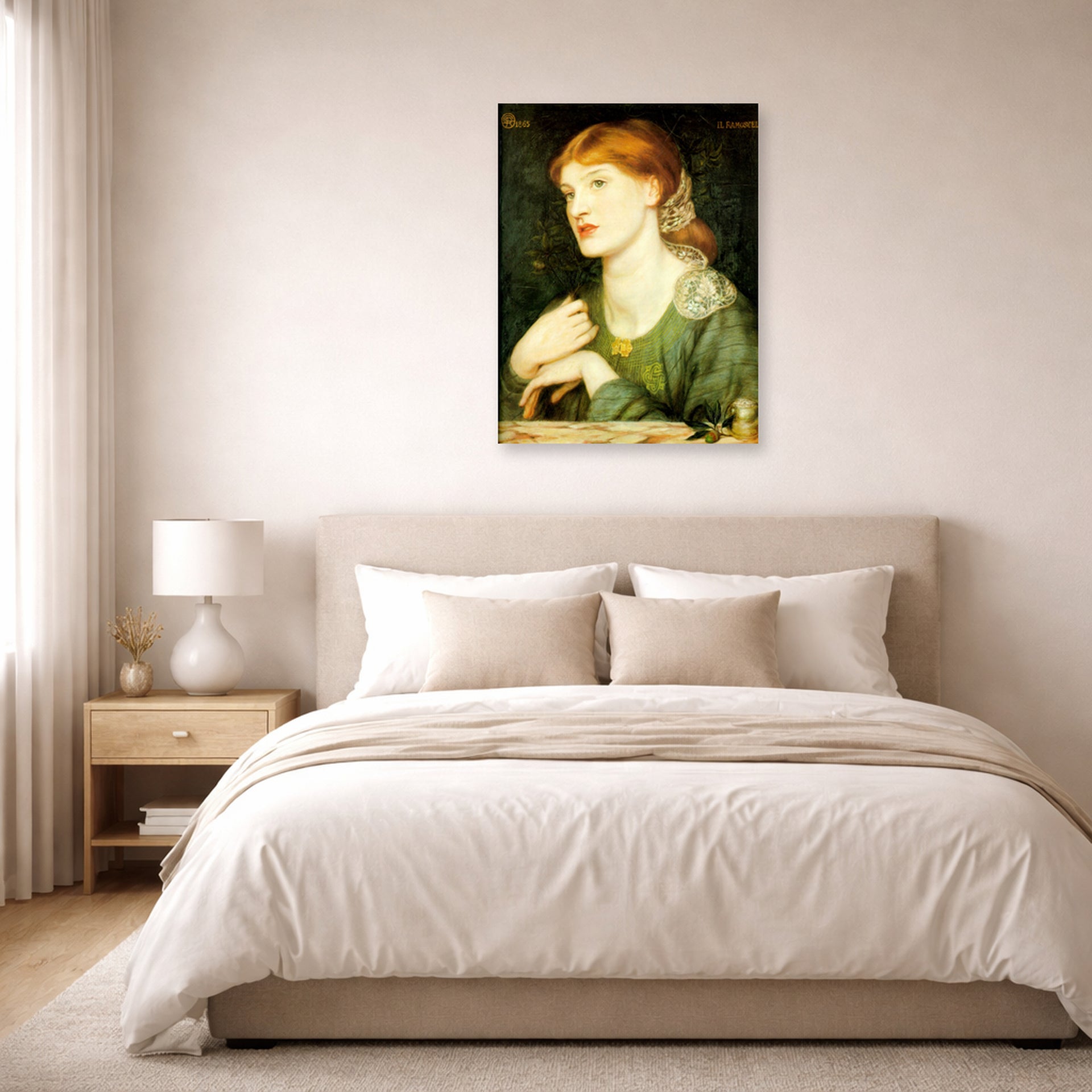 Unframed poster print of Dante Gabriel Rossetti's The Twig displayed on a wall in a bedroom
