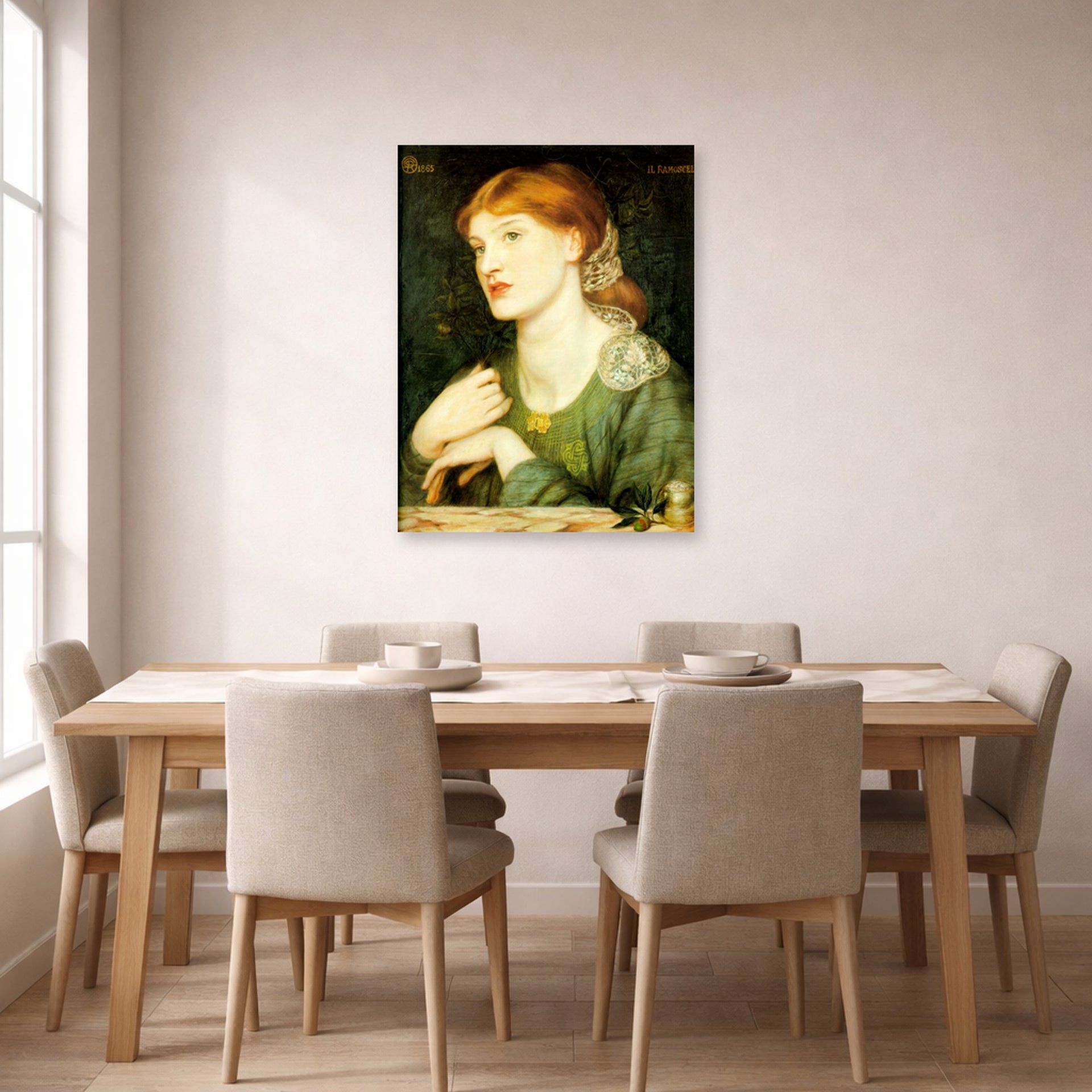 Unframed poster print of Dante Gabriel Rossetti's The Twig displayed on a wall in a dining room