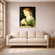 Unframed poster print of Dante Gabriel Rossetti's The Twig displayed on a wall in a living room
