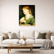 Unframed poster print of Dante Gabriel Rossetti's The Twig displayed on a wall in a living room
