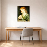 Unframed poster print of Dante Gabriel Rossetti's The Twig displayed on a wall in a office
