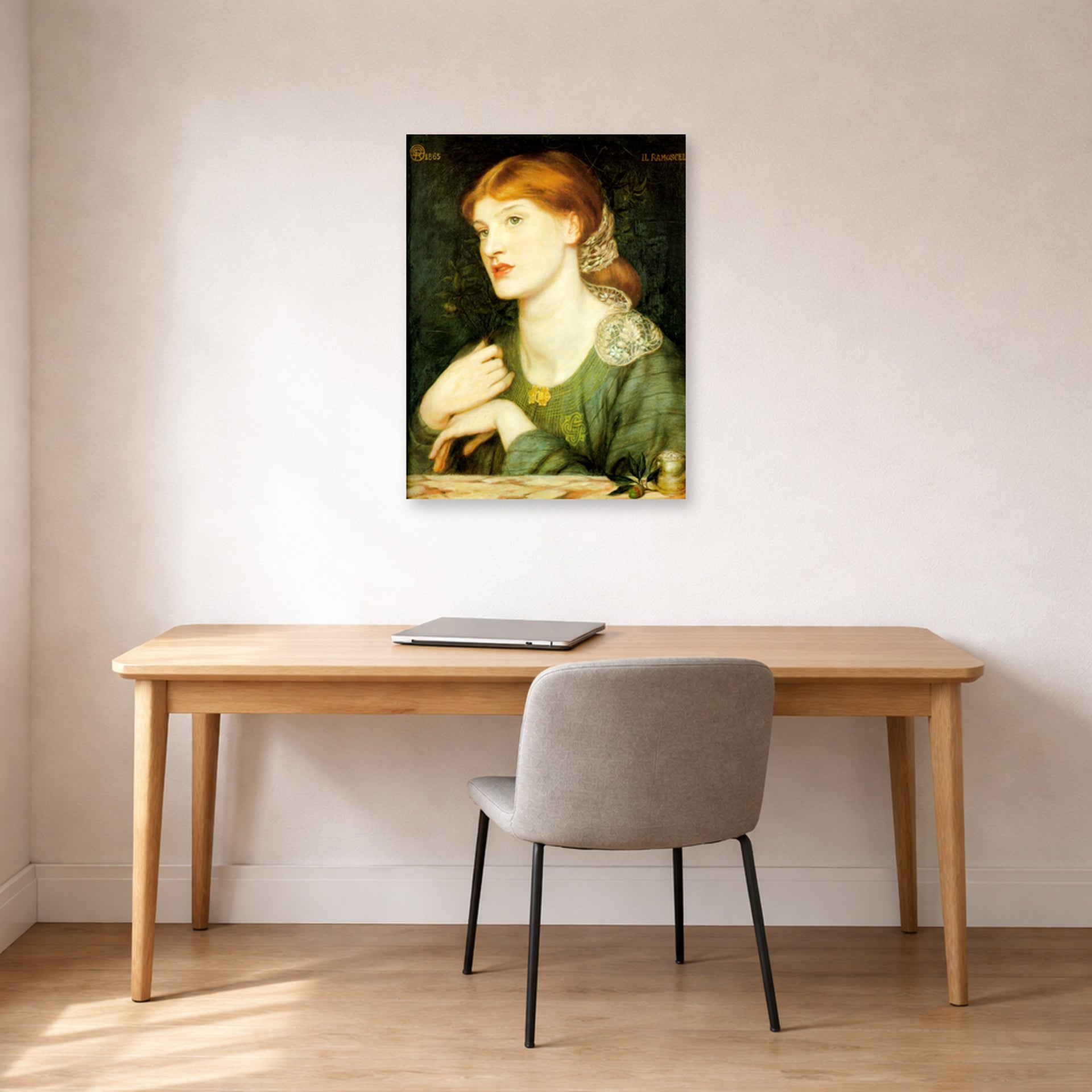 Unframed poster print of Dante Gabriel Rossetti's The Twig displayed on a wall in a office