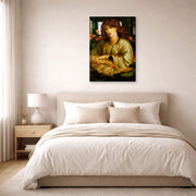 Gallery-wrapped canvas print of Dante Gabriel Rossetti's The Women's Window displayed on a wall in a bedroom