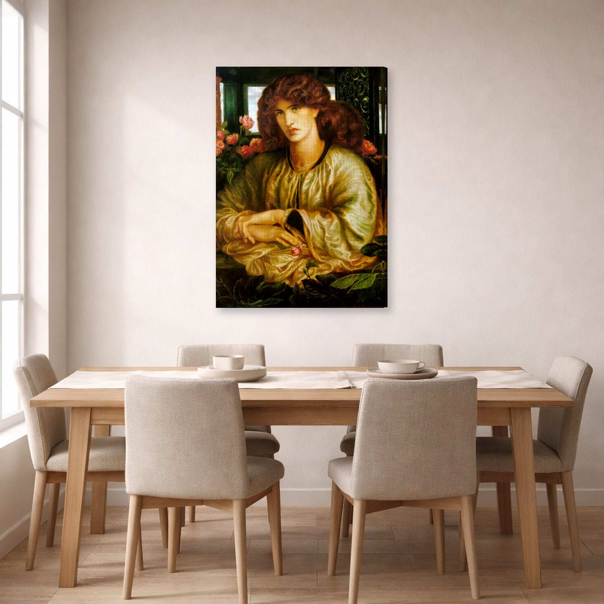 Gallery-wrapped canvas print of Dante Gabriel Rossetti's The Women's Window displayed on a wall in a dining room