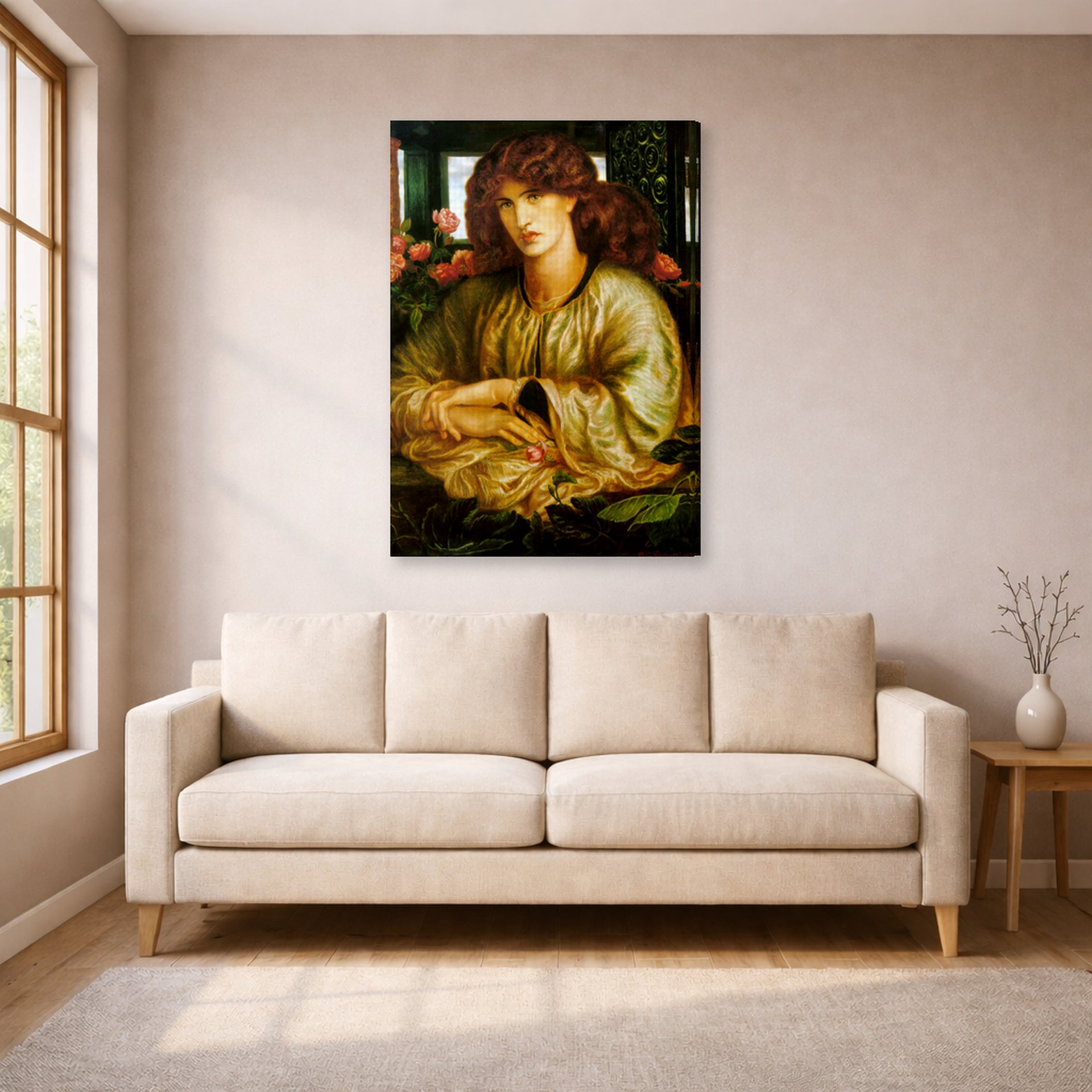 Gallery-wrapped canvas print of Dante Gabriel Rossetti's The Women's Window displayed on a wall in a living room