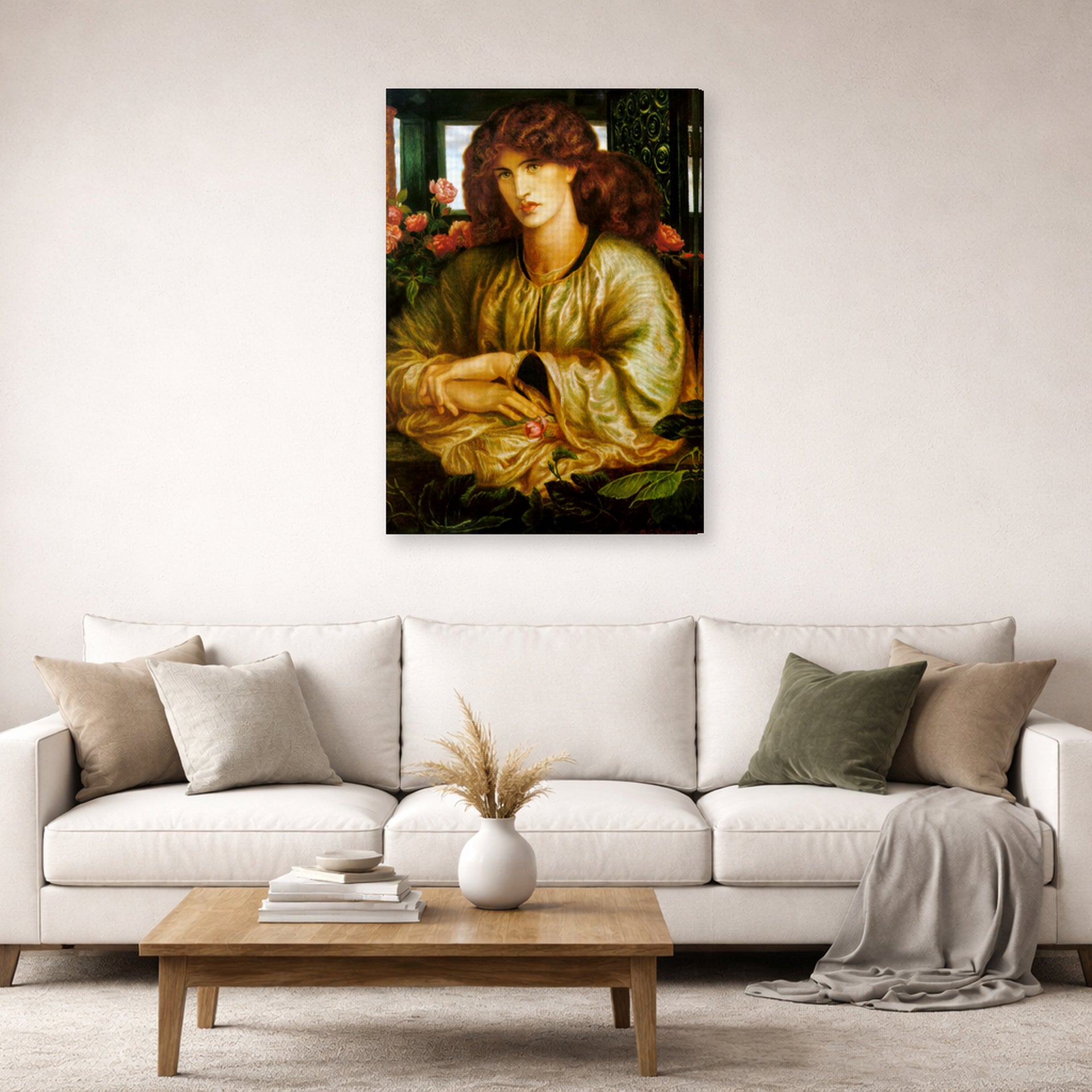 Gallery-wrapped canvas print of Dante Gabriel Rossetti's The Women's Window displayed on a wall in a living room