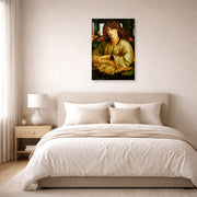 Unframed poster print of Dante Gabriel Rossetti's The Women's Window displayed on a wall in a bedroom
