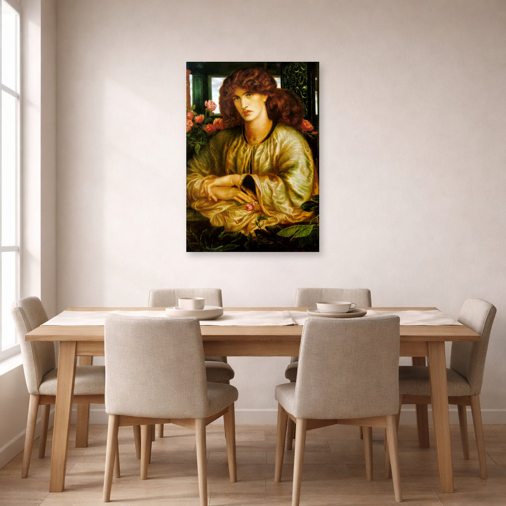 Unframed poster print of Dante Gabriel Rossetti's The Women's Window displayed on a wall in a dining room