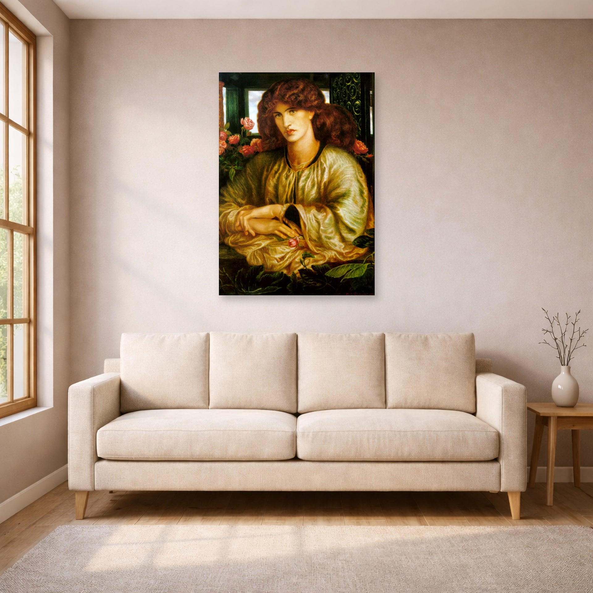 Unframed poster print of Dante Gabriel Rossetti's The Women's Window displayed on a wall in a living room