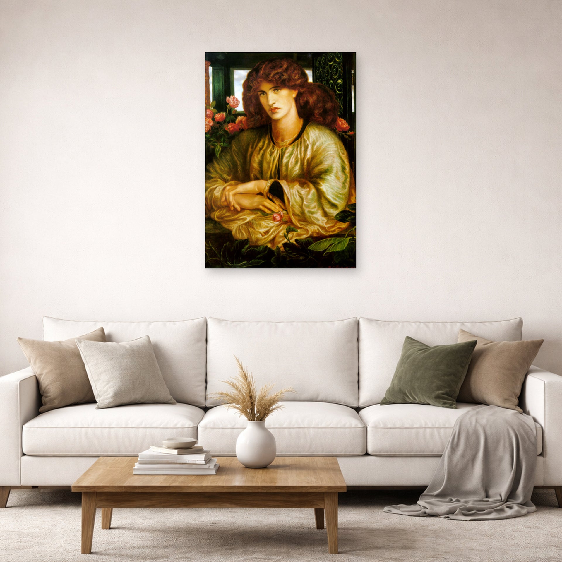 Unframed poster print of Dante Gabriel Rossetti's The Women's Window displayed on a wall in a living room
