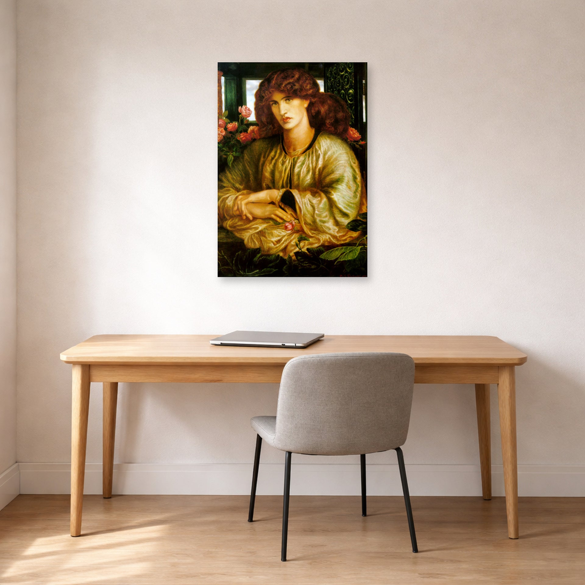 Unframed poster print of Dante Gabriel Rossetti's The Women's Window displayed on a wall in a office