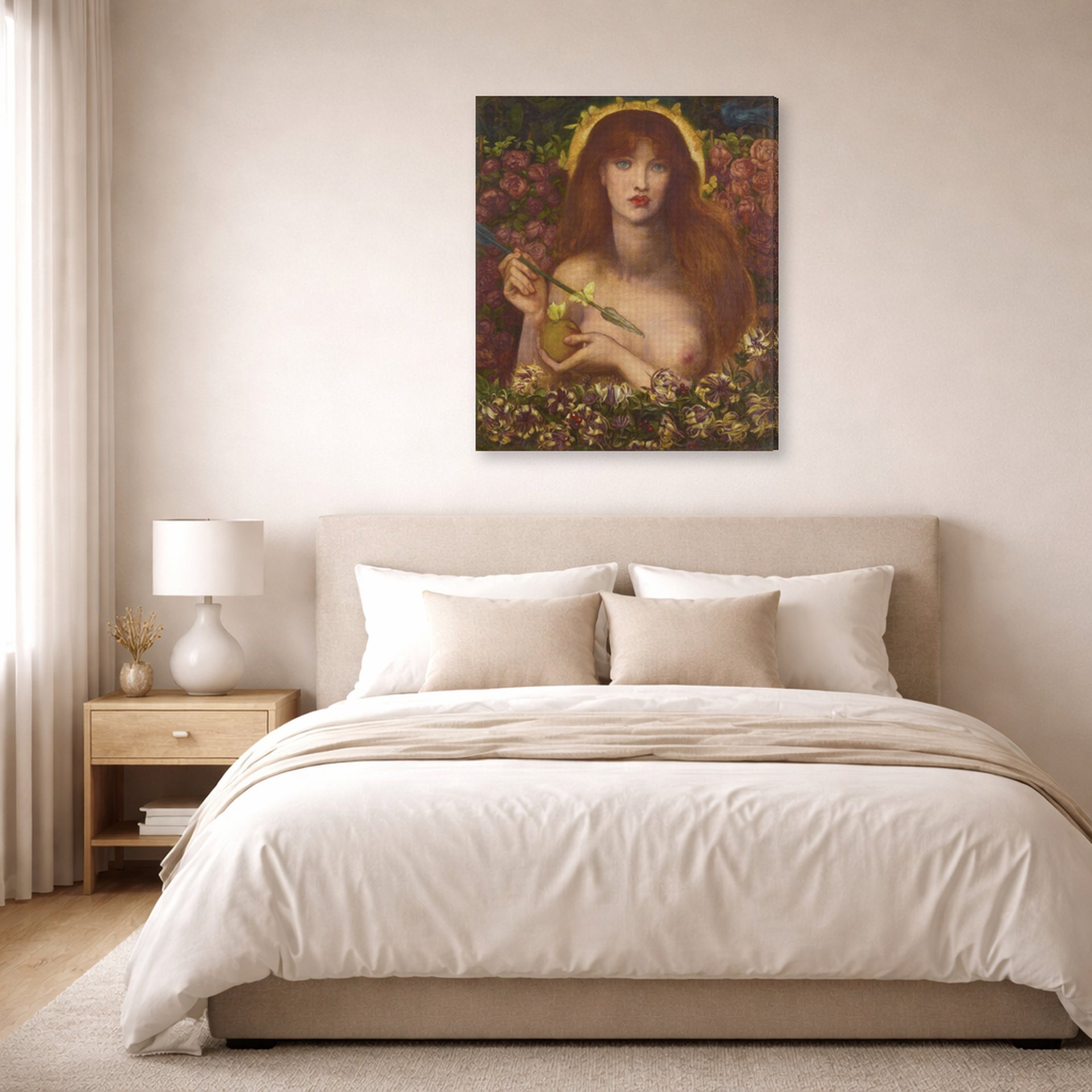 Gallery-wrapped canvas print of Dante Gabriel Rossetti's Venus Verticordia displayed on a wall in a bedroom